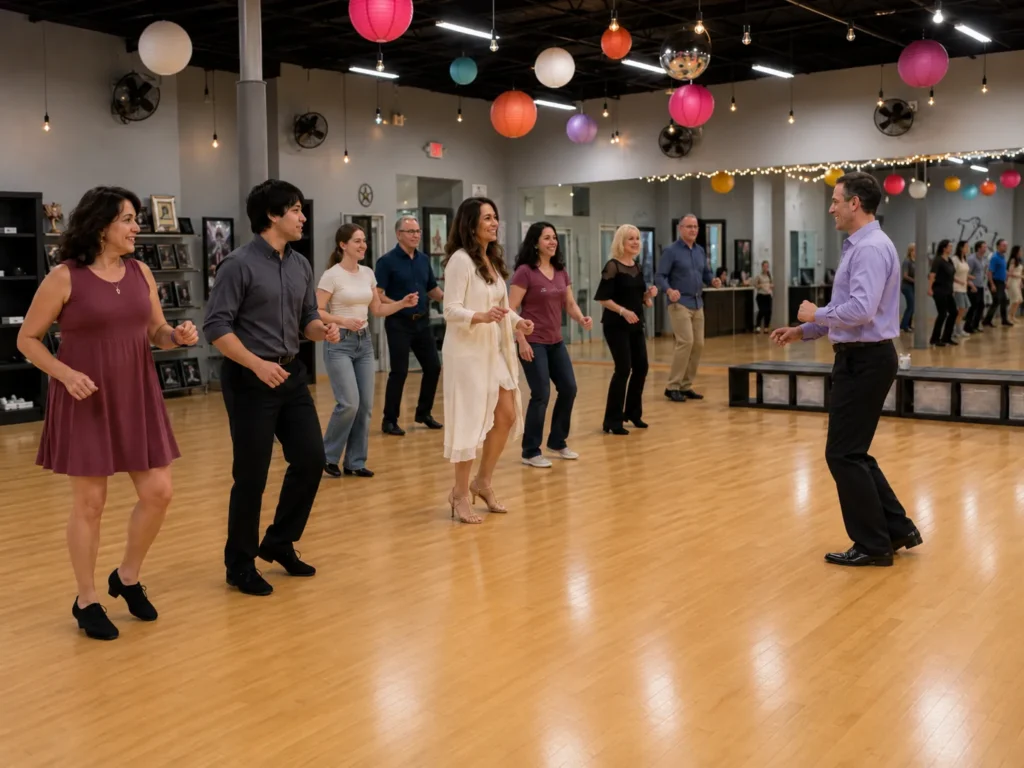 Adults participating in a group dance class at Arthur Murray Dance Studio in The Woodlands, TX.